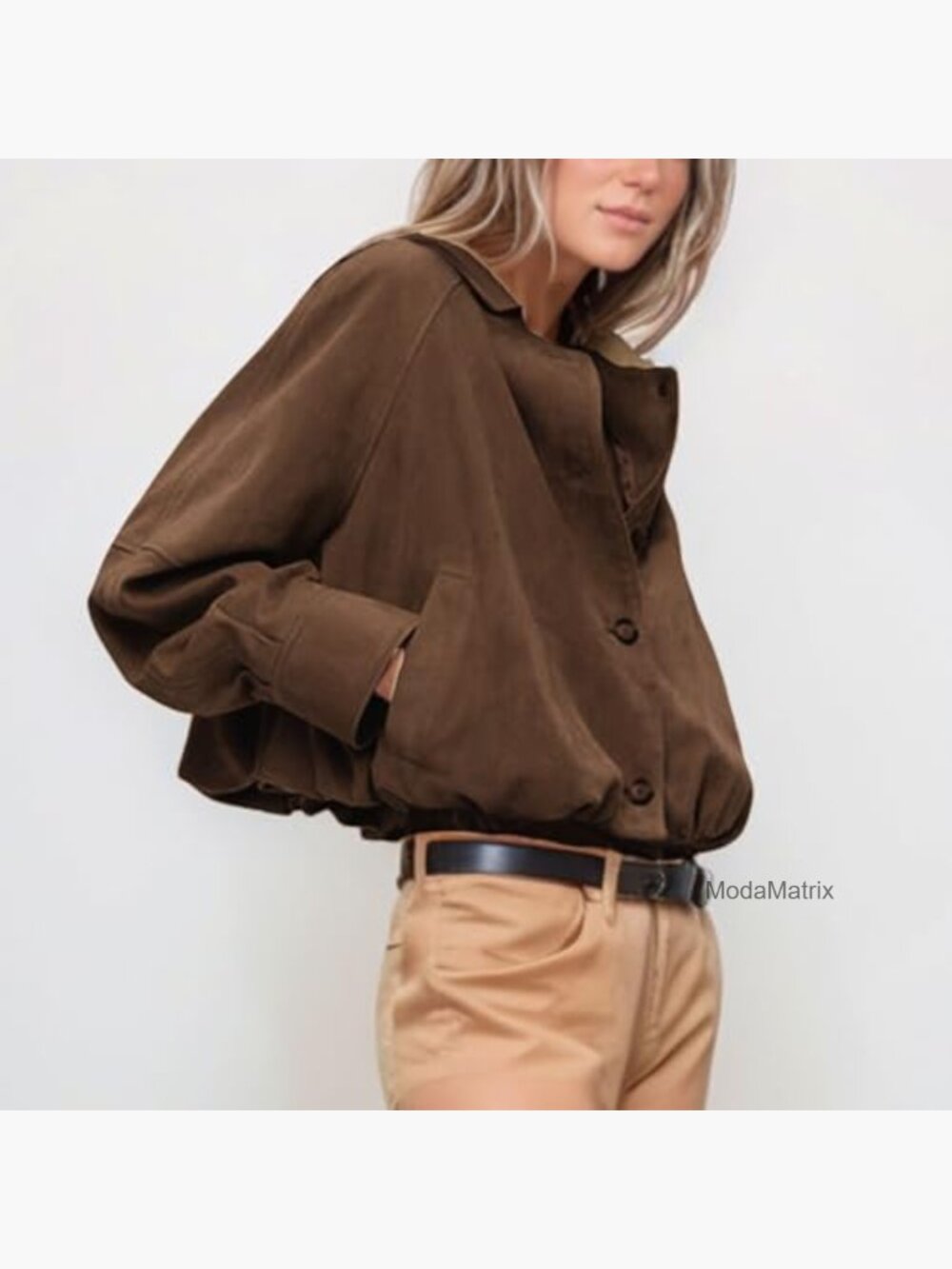 Oversized Faux Suede Button Jacket with Gathered Hem and Pockets - Picture 4 of 5